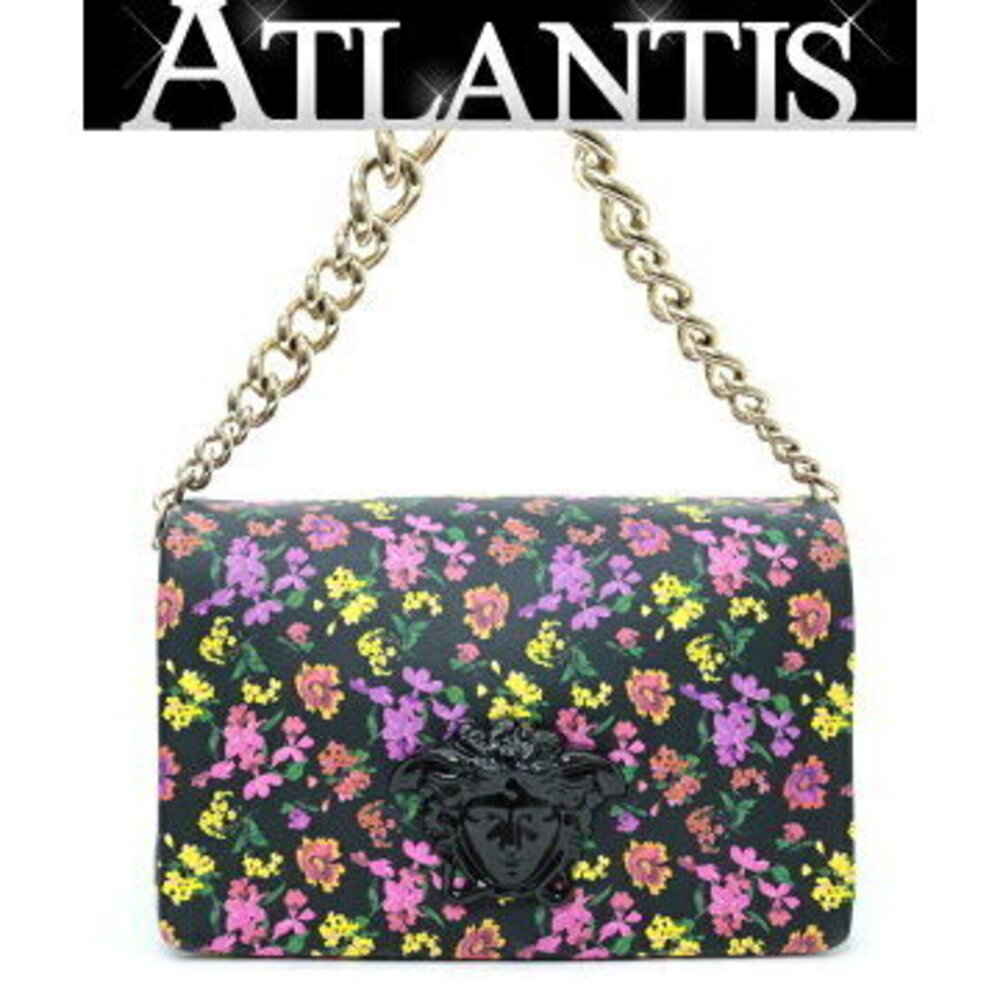 Versace chain shoulder bag Floral Flower Medusa black leather